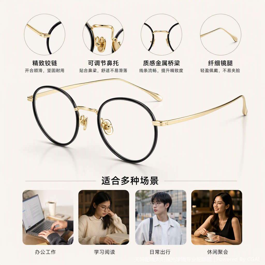Fashionable and lightweight metal-framed glasses for both men and women, high-definition lenses, comfortable and durable, trendy style Specification image