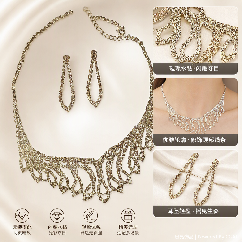 Shining silver diamond-encrusted set, necklace, earrings and accessories, simple and fashionable women's gift