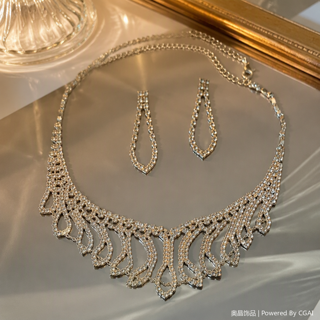 Shining silver diamond-encrusted set, necklace, earrings and accessories, simple and fashionable women's gift details Picture