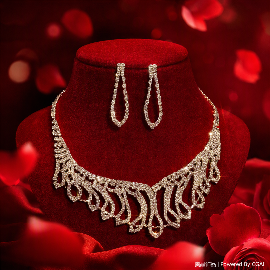 Shining silver diamond-encrusted set, necklace, earrings and accessories, simple and fashionable women's gift Specification image