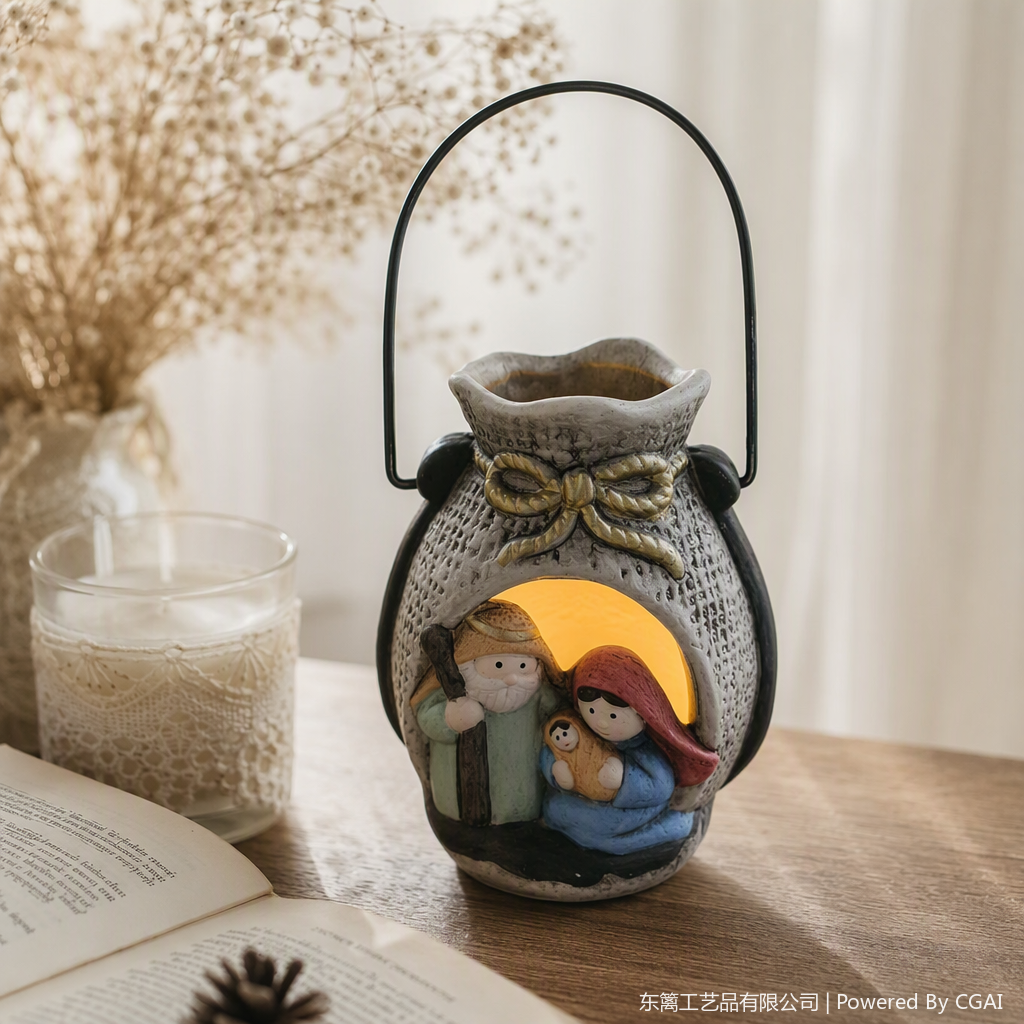 Christmas-themed ceramic lanterns, golden bow decorations, black handles, Holy Family statue ornaments, holiday gifts details Picture