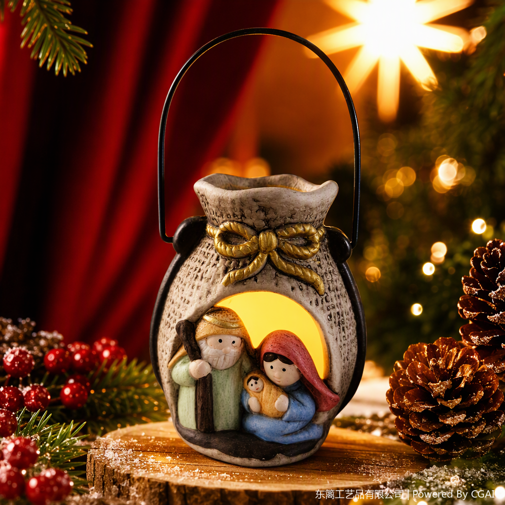 Christmas-themed ceramic lanterns, golden bow decorations, black handles, Holy Family statue ornaments, holiday gifts Specification image