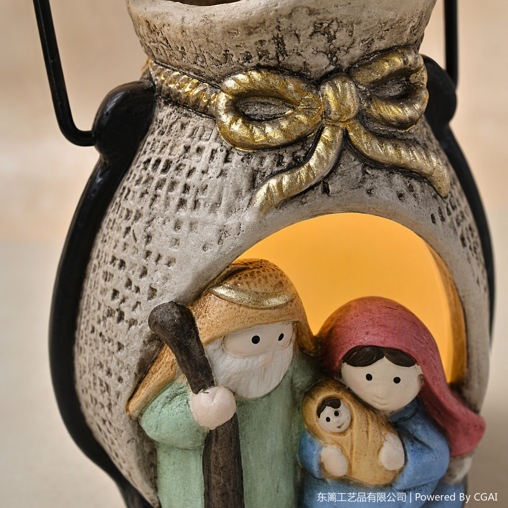Christmas-themed ceramic lanterns, golden bow decorations, black handles, Holy Family statue ornaments, holiday gifts Application Scenario