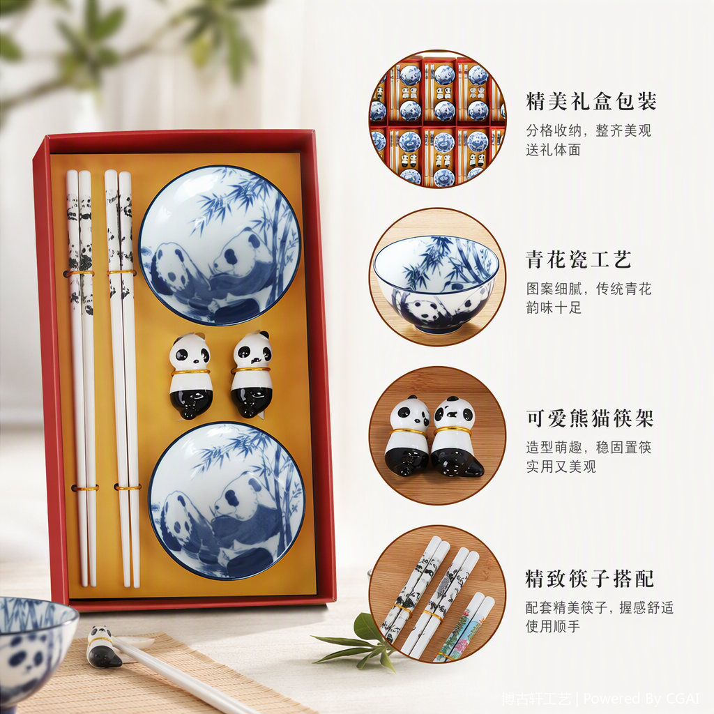 青花瓷餐具套装碗碟筷配熊猫招财猫摆件家用创意陶瓷餐具礼品装