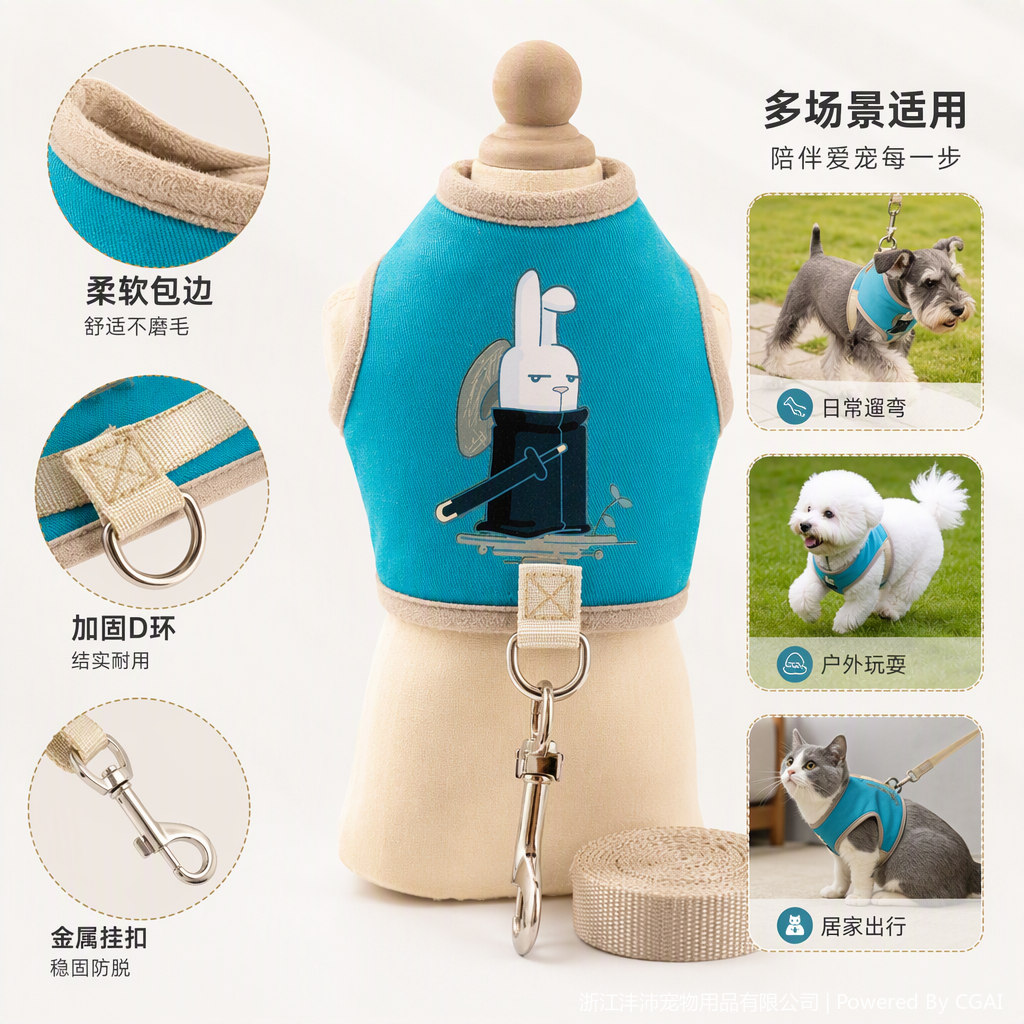 Green pet vest, white rabbit holding a sword, skateboard pattern, comfortable and breathable pet clothing and pet supplies