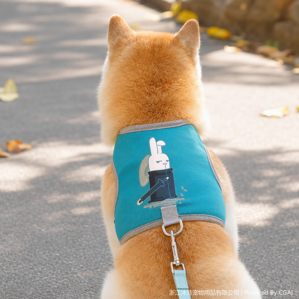 Green pet vest, white rabbit holding a sword, skateboard pattern, comfortable and breathable pet clothing and pet supplies details Picture