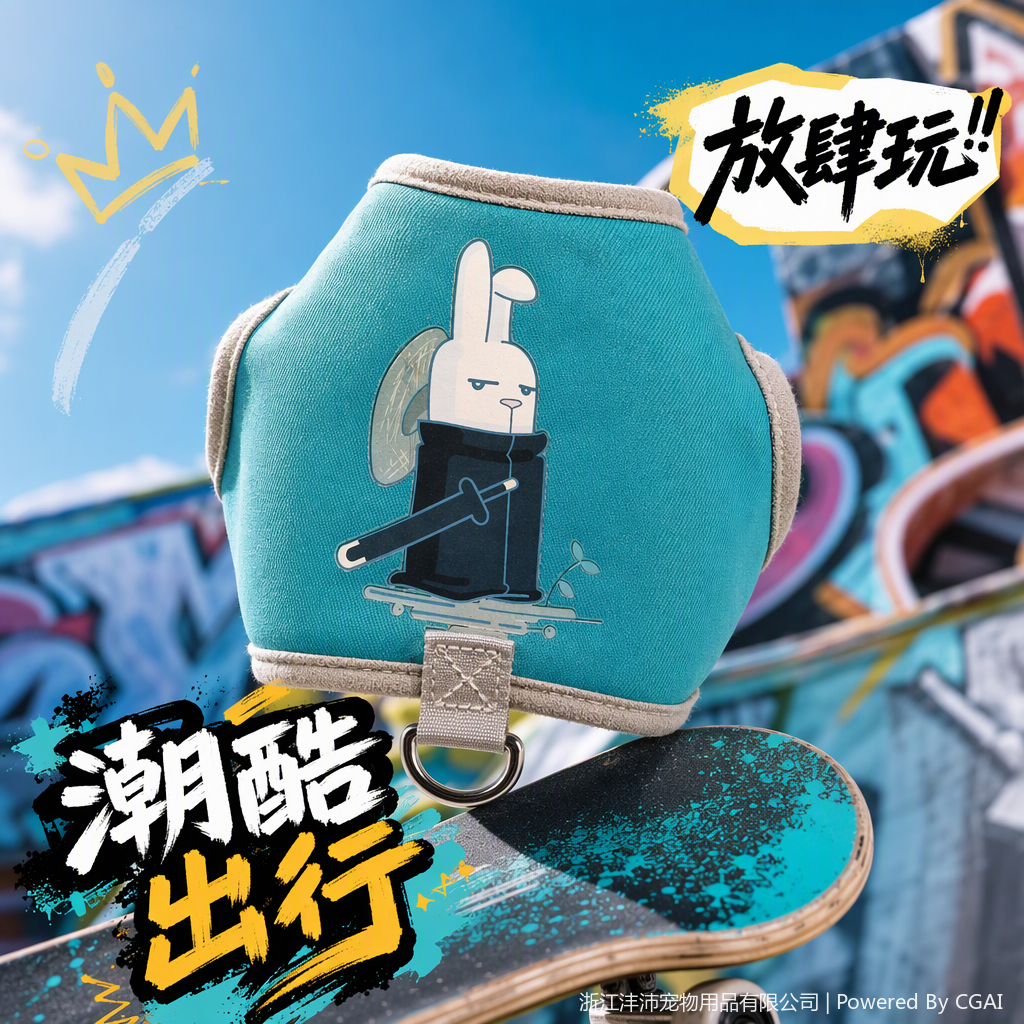 Green pet vest, white rabbit holding a sword, skateboard pattern, comfortable and breathable pet clothing and pet supplies Specification image