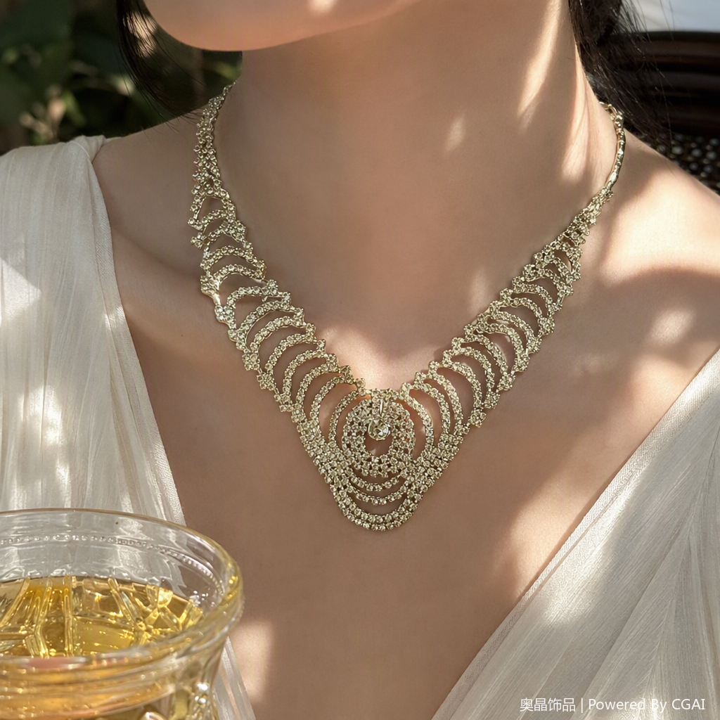 Multi-layer wavy arc design crystal spiral necklace, silver diamond-encrusted fashionable accessory, wrapped in a deep blue background details Picture