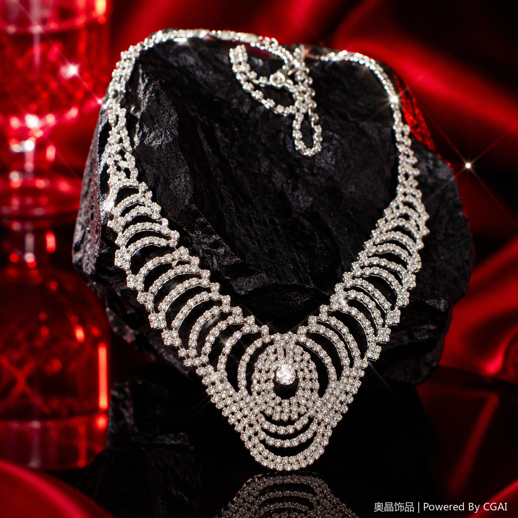 Multi-layer wavy arc design crystal spiral necklace, silver diamond-encrusted fashionable accessory, wrapped in a deep blue background Specification image