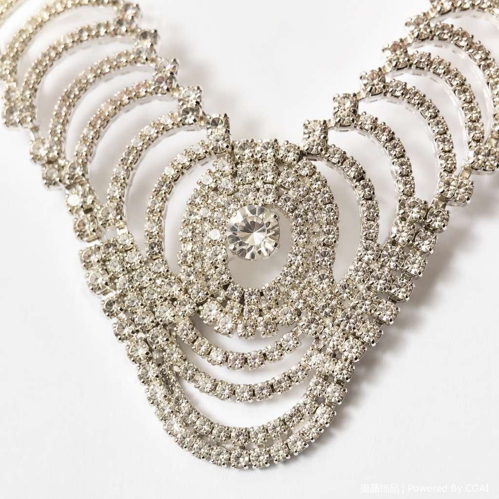 Multi-layer wavy arc design crystal spiral necklace, silver diamond-encrusted fashionable accessory, wrapped in a deep blue background Application Scenario