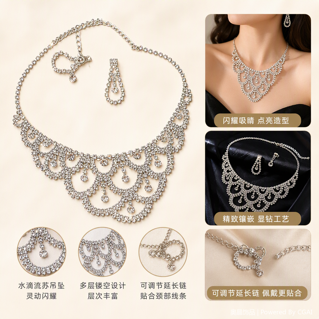 Silver diamond-encrusted necklace and earrings, a fashionable, elegant, versatile and simple women's accessory gift box