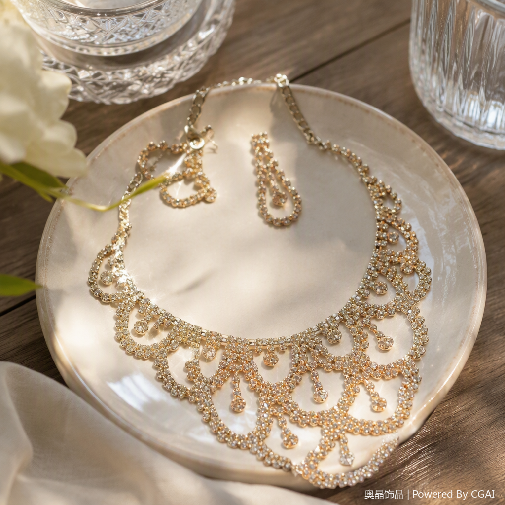 Silver diamond-encrusted necklace and earrings, a fashionable, elegant, versatile and simple women's accessory gift box details Picture