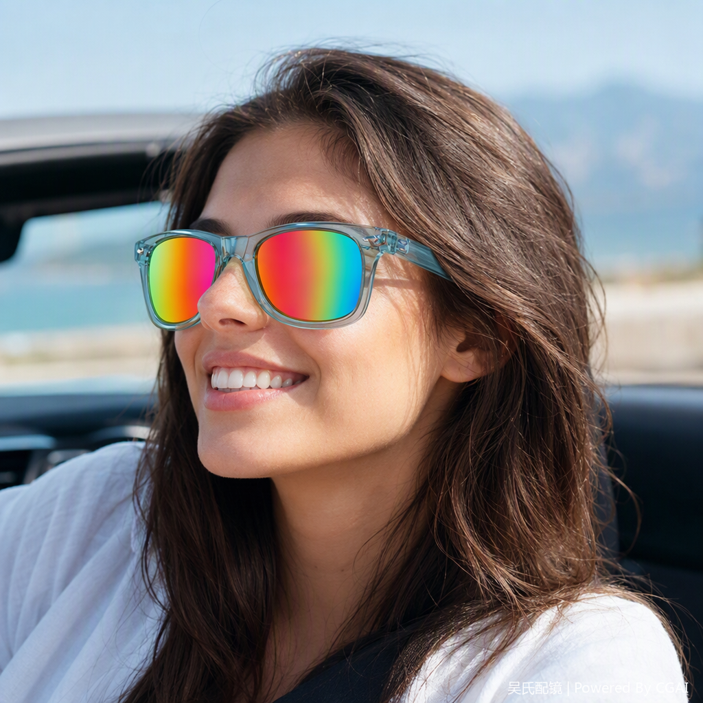 Moda arco iris reflectores gafas de sol montura azul claro hombre y mujer tendencia polarizado gafas de sol protección uv details Picture