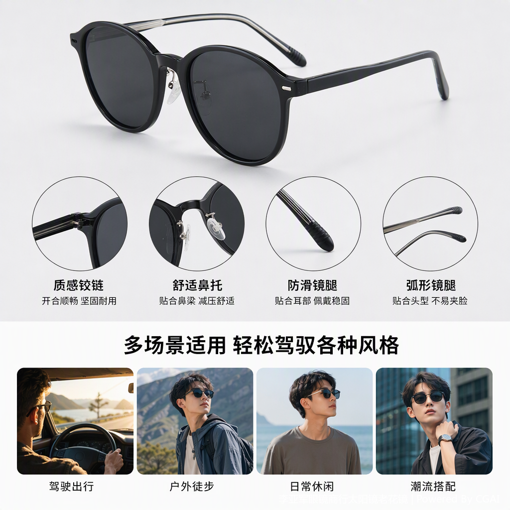 Fashionable and versatile black round-framed polarized sunglasses, trendy sunglasses for both men and women, and UV-resistant sunglasses