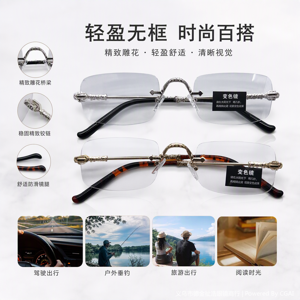 Metallic frame color-changing glasses, silver style, fashionable UV protection for both men and women, and gold style, trendy and versatile sunglasses
