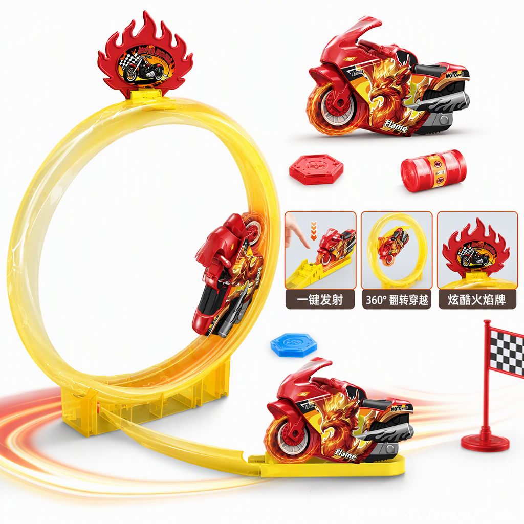The flame-themed motorcycle toy set with a yellow circular track children's educational and fun racing combination is suitable for boys to play