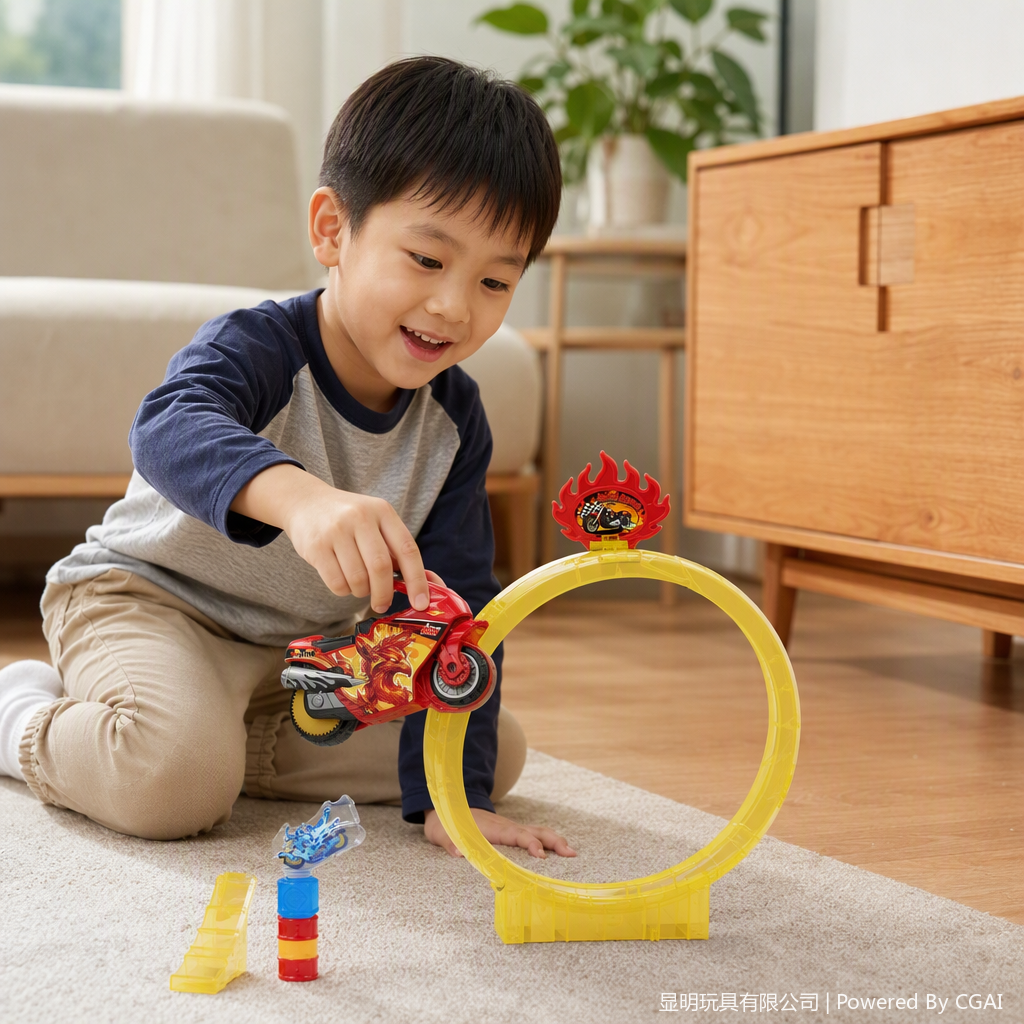 The flame-themed motorcycle toy set with a yellow circular track children's educational and fun racing combination is suitable for boys to play details Picture