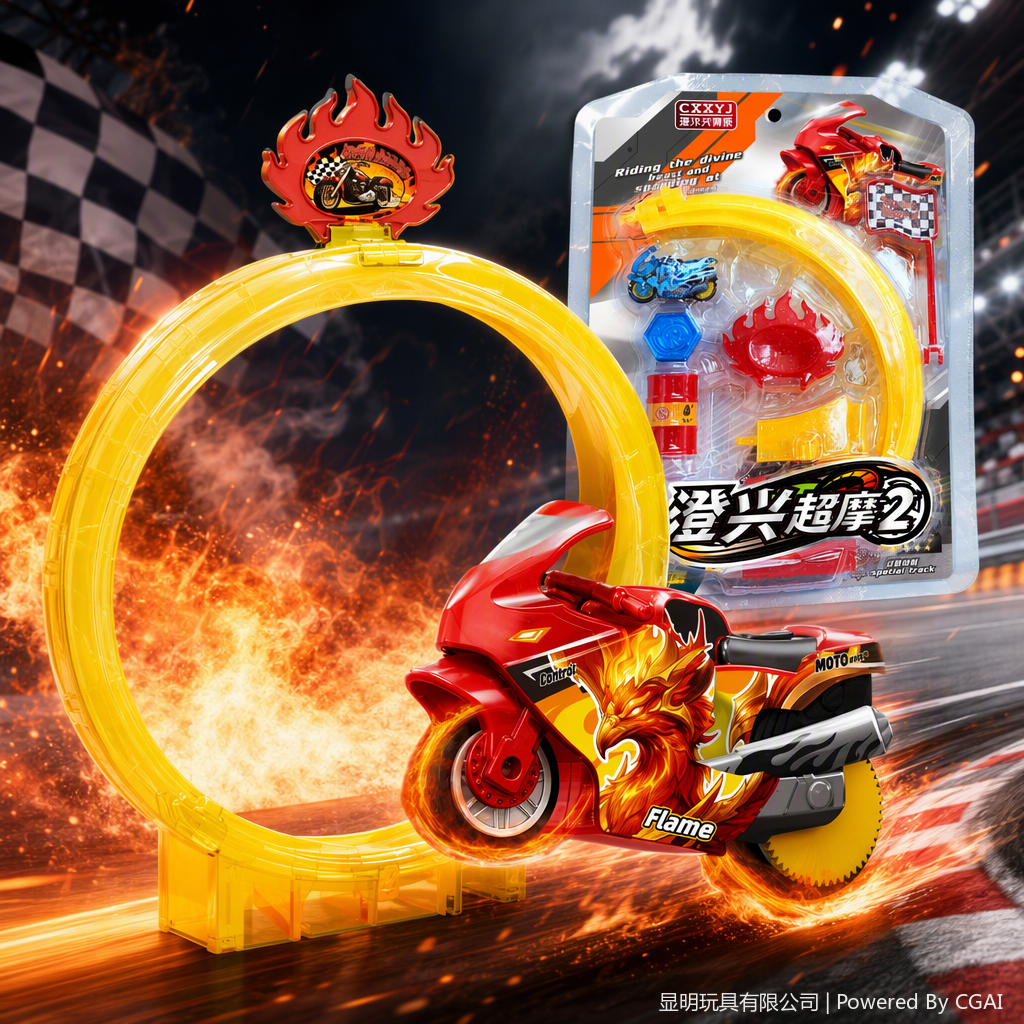 The flame-themed motorcycle toy set with a yellow circular track children's educational and fun racing combination is suitable for boys to play Specification image