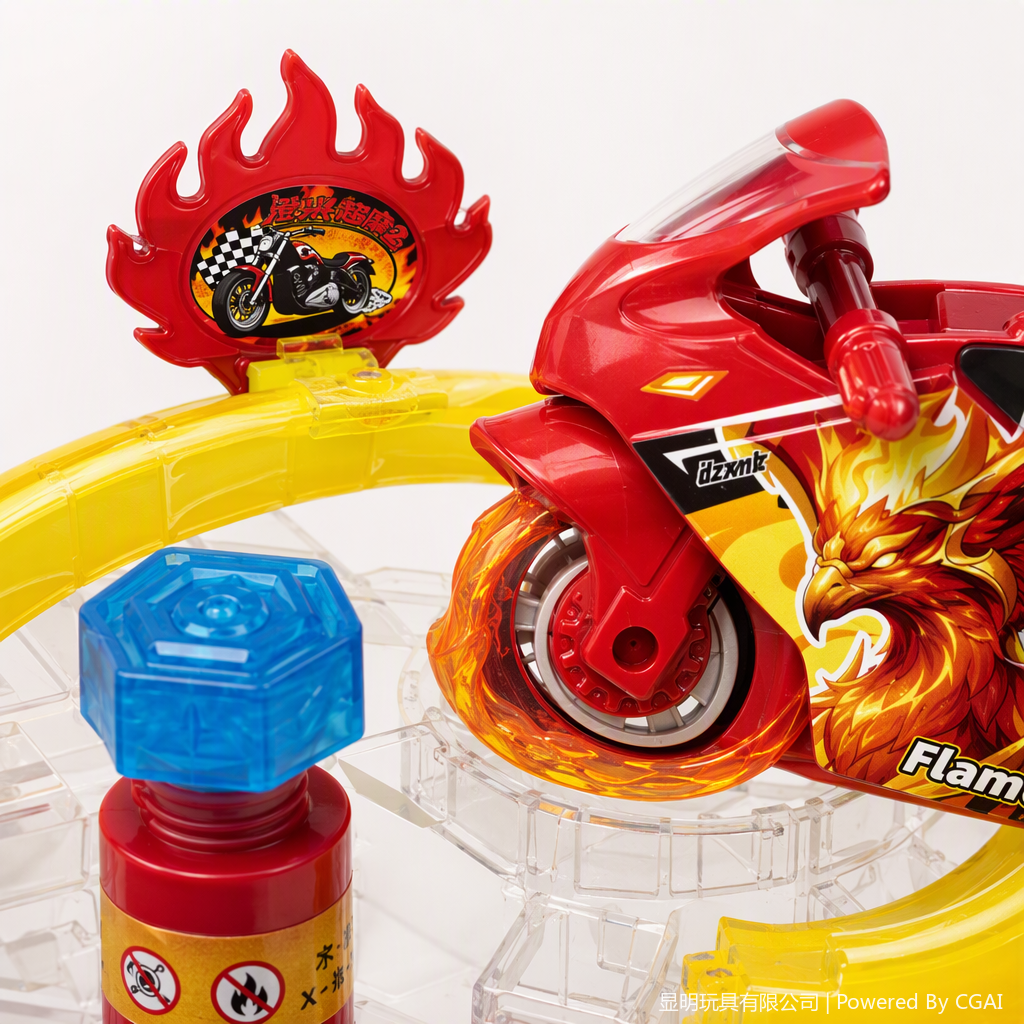 The flame-themed motorcycle toy set with a yellow circular track children's educational and fun racing combination is suitable for boys to play Application Scenario