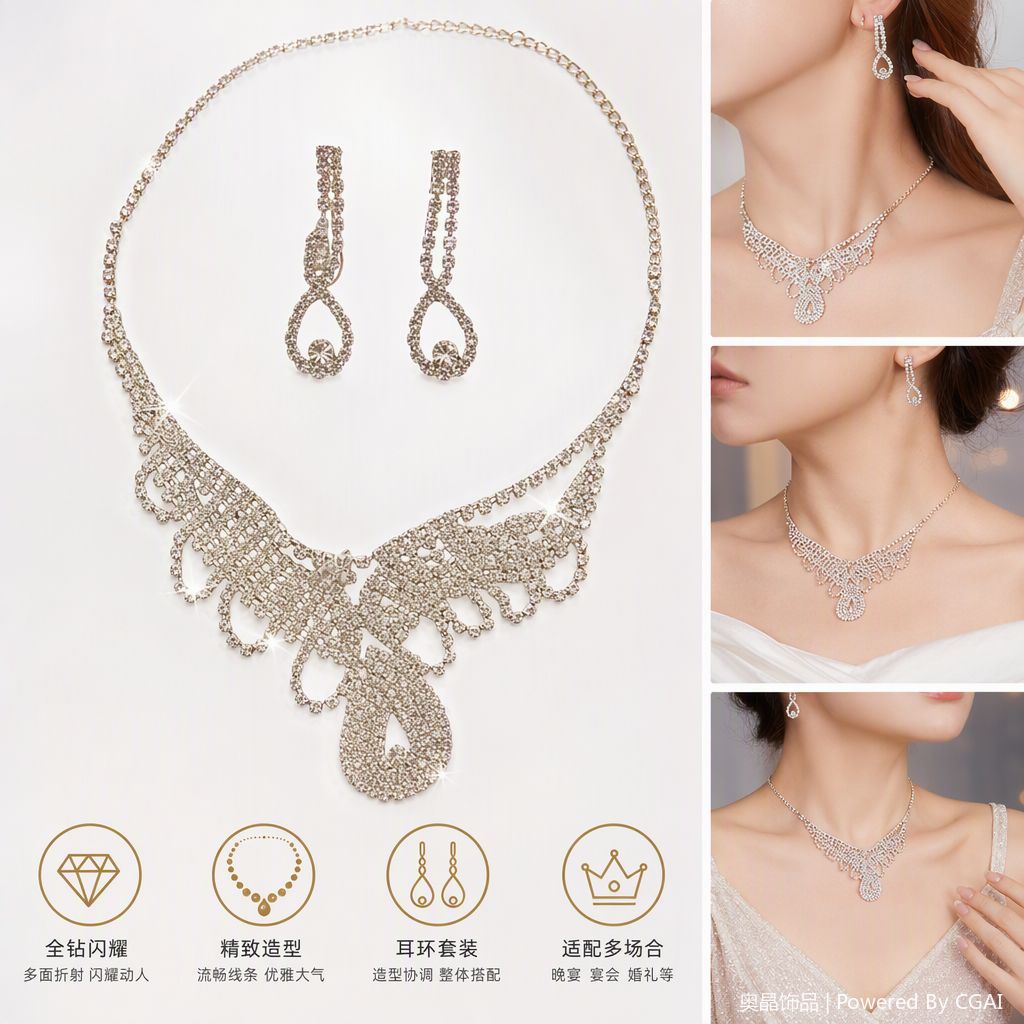 Shining silver diamond-encrusted set, necklace, earrings, simple and fashionable accessories, couple's gift