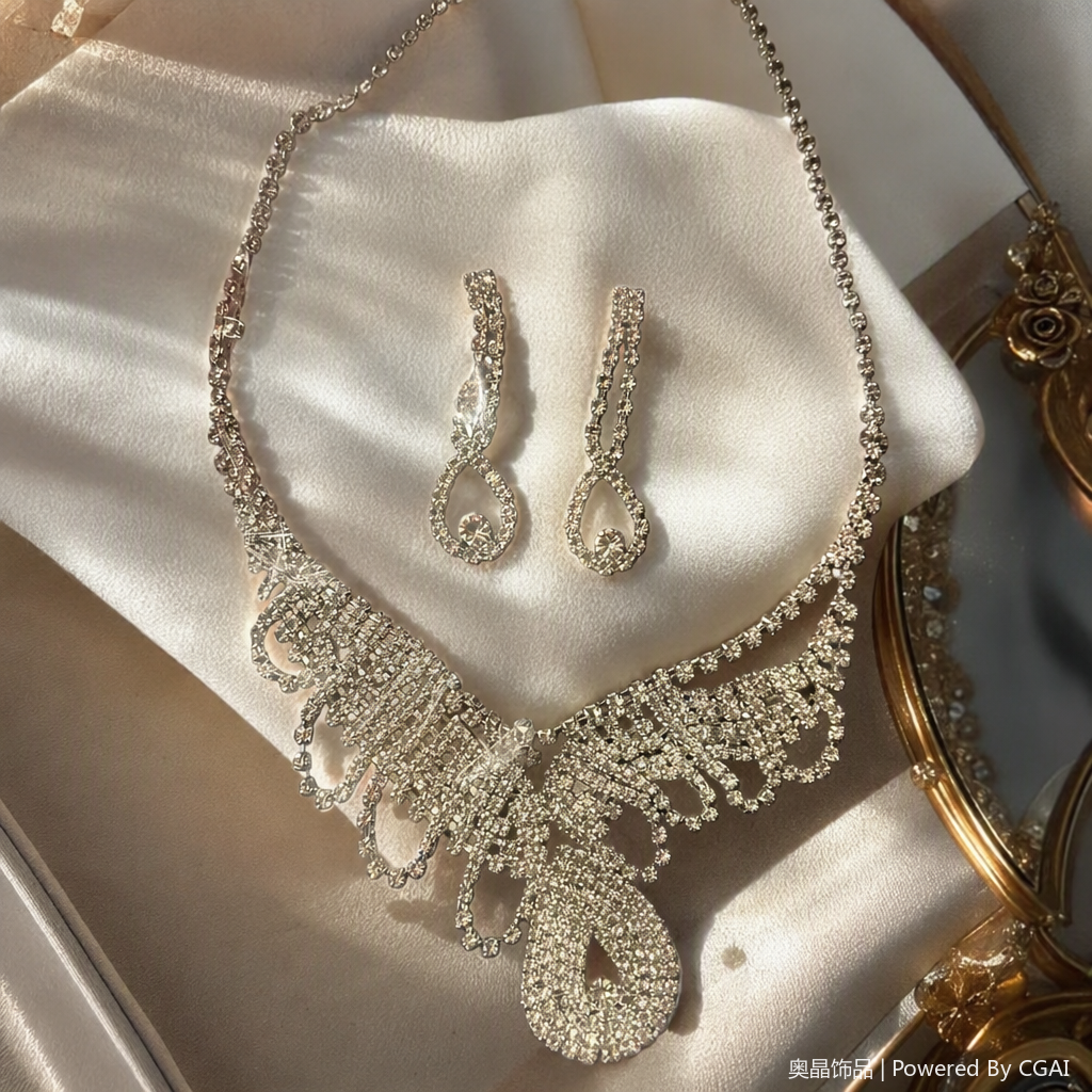 Shining silver diamond-encrusted set, necklace, earrings, simple and fashionable accessories, couple's gift details Picture