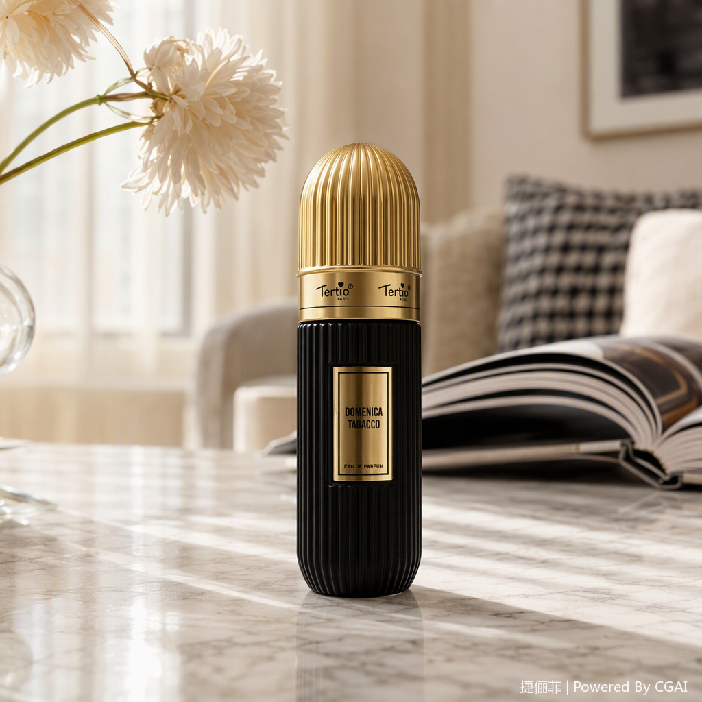 Golden bottle cap, black bottle body, fashionable, simple and high-end fragrance container, gift decoration details Picture
