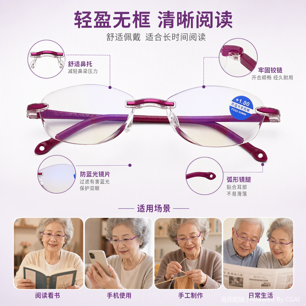 Moda liviano púrpura sin marco gafas de lectura hd antideslumbrantes gafas para ancianos comodidad y durabilidad estilo de tendencia