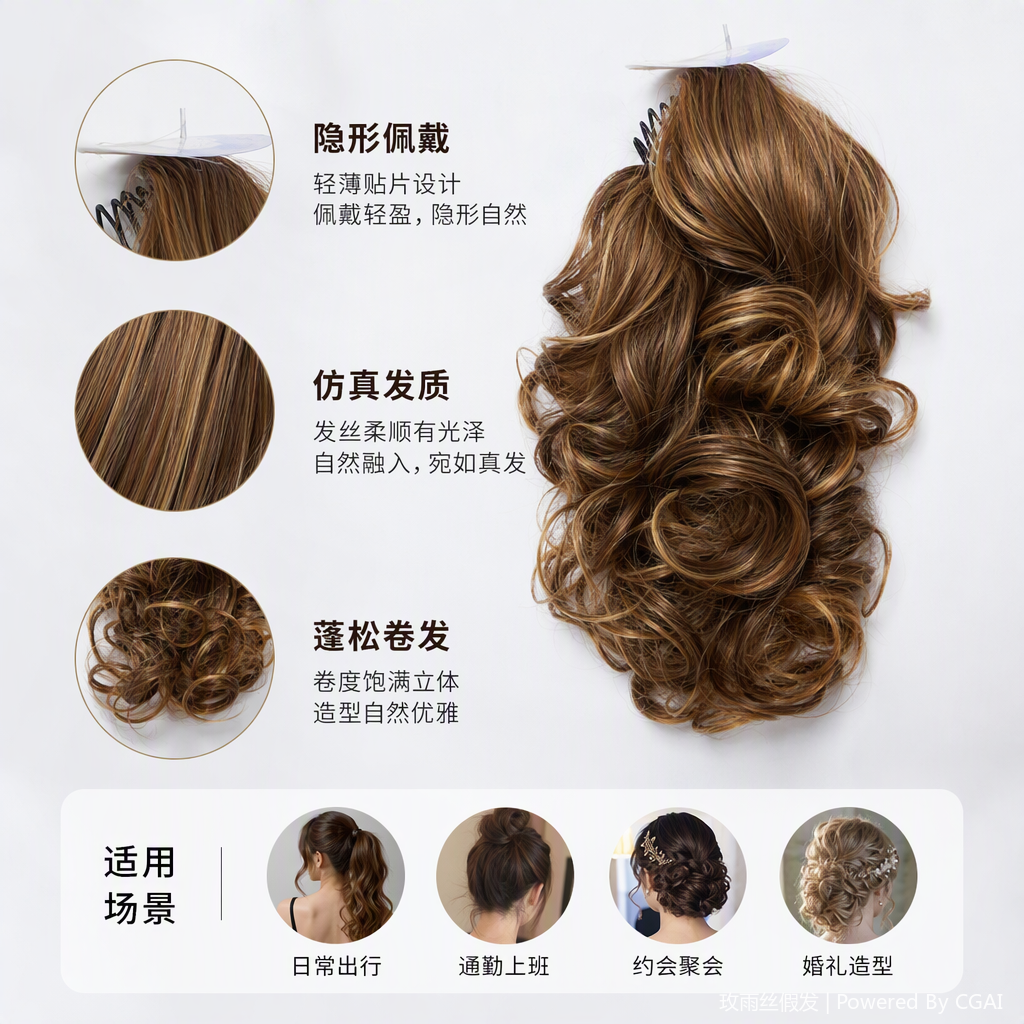 Natural and plump wig pieces, soft and fluffy, heat-free and easy to stick, light and comfortable home hair care products Specification image