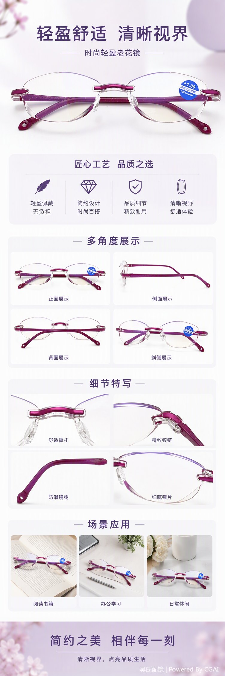 Moda liviano púrpura sin marco gafas de lectura hd antideslumbrantes gafas para ancianos comodidad y durabilidad estilo de tendencia pic 1