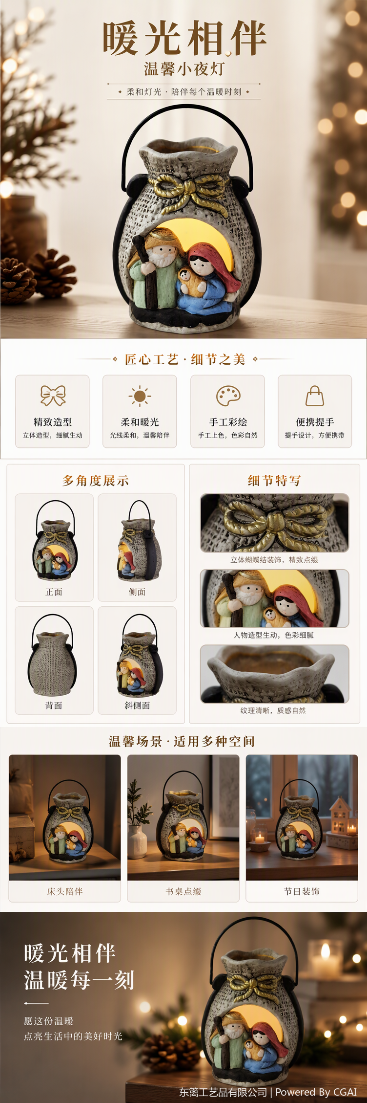 Christmas-themed ceramic lanterns, golden bow decorations, black handles, Holy Family statue ornaments, holiday gifts pic 1