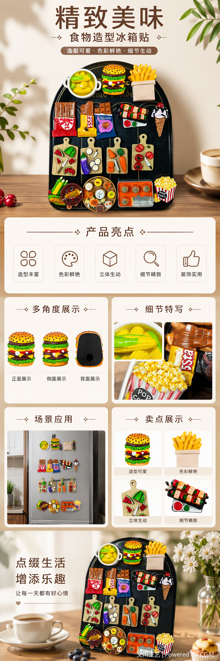 爆款工厂 手绘美食树脂冰箱贴带磁铁 巨无霸汉堡薯条月饼玉米食玩冰箱贴批发详情1