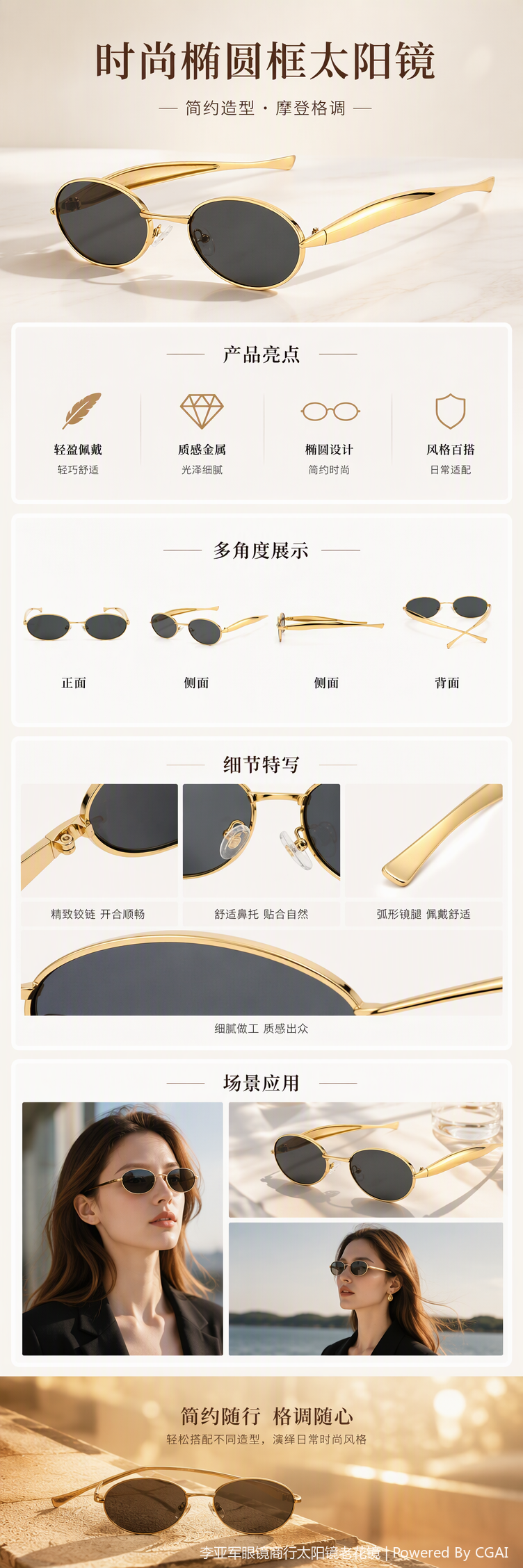 Fashionable golden oval sunglasses, polarized UV protection, trendy sunglasses for men and women, casual and versatile pic 1
