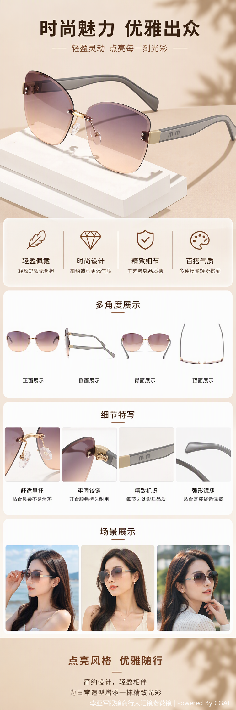 Fashionable and trendy gradient color frameless sunglasses, polarized UV protection, lightweight and versatile pic 1