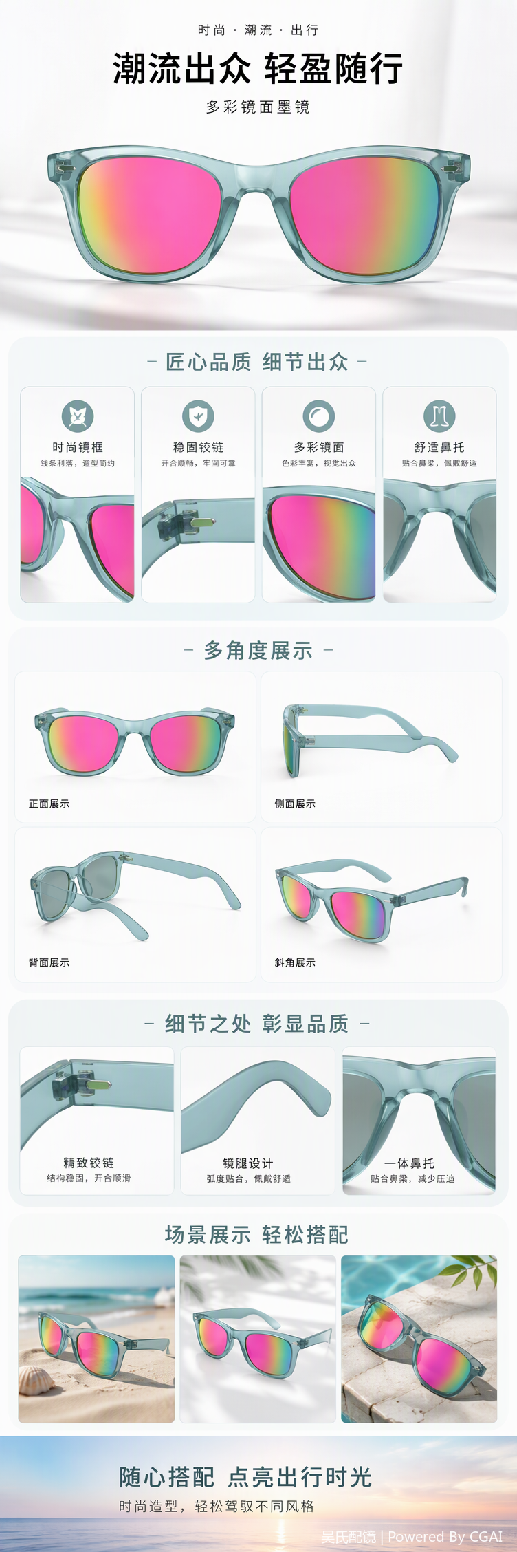 Moda arco iris reflectores gafas de sol montura azul claro hombre y mujer tendencia polarizado gafas de sol protección uv pic 1