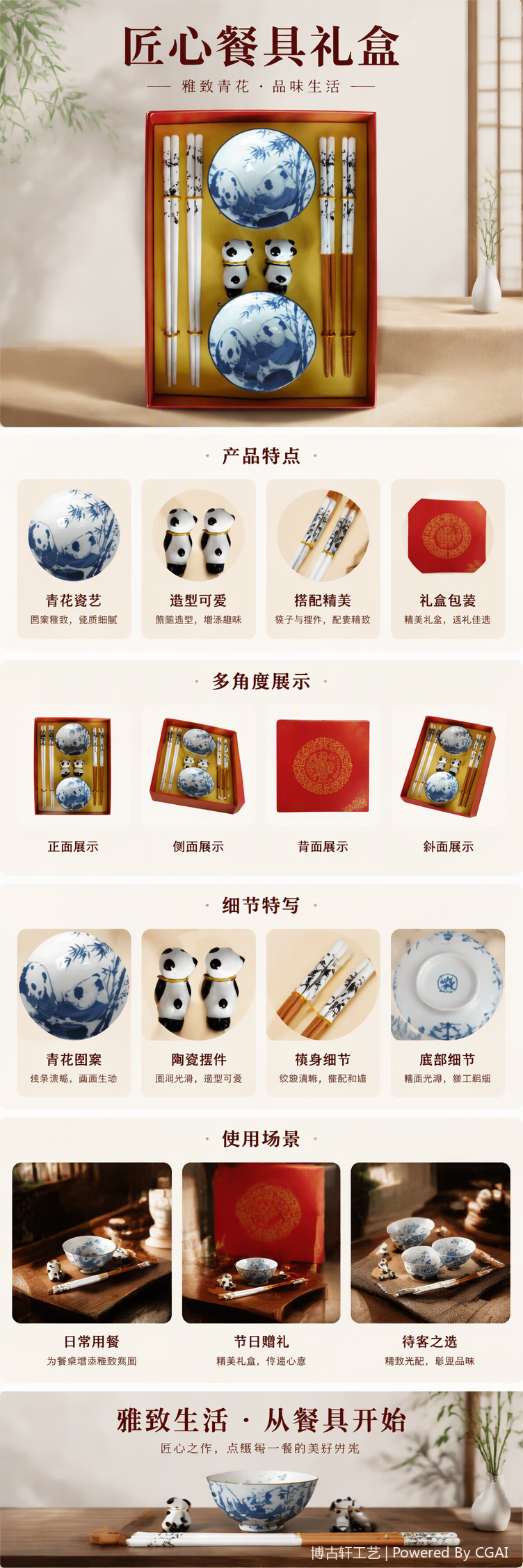 青花瓷餐具套装碗碟筷配熊猫招财猫摆件家用创意陶瓷餐具礼品装详情1