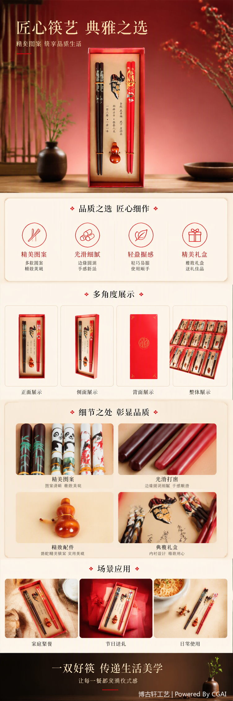 红色礼盒套装含双色筷子动物造型筷架葫芦形筷托米色内衬M编号祝福语礼品送礼佳品详情1