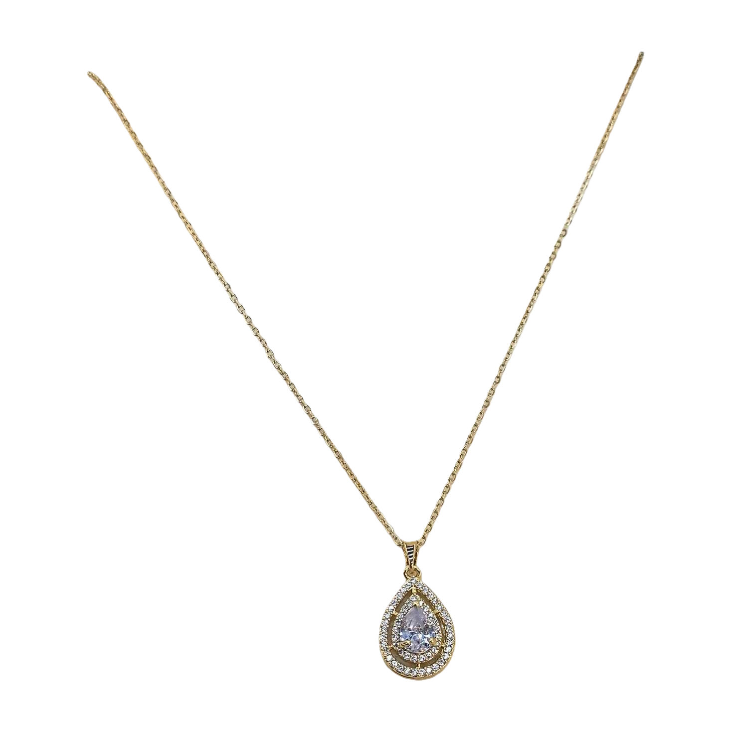 A golden necklace with a water drop pendant, set with transparent gemstones and sparkling small diamonds, is a fashionable and elegant accessory gift Item Picture
