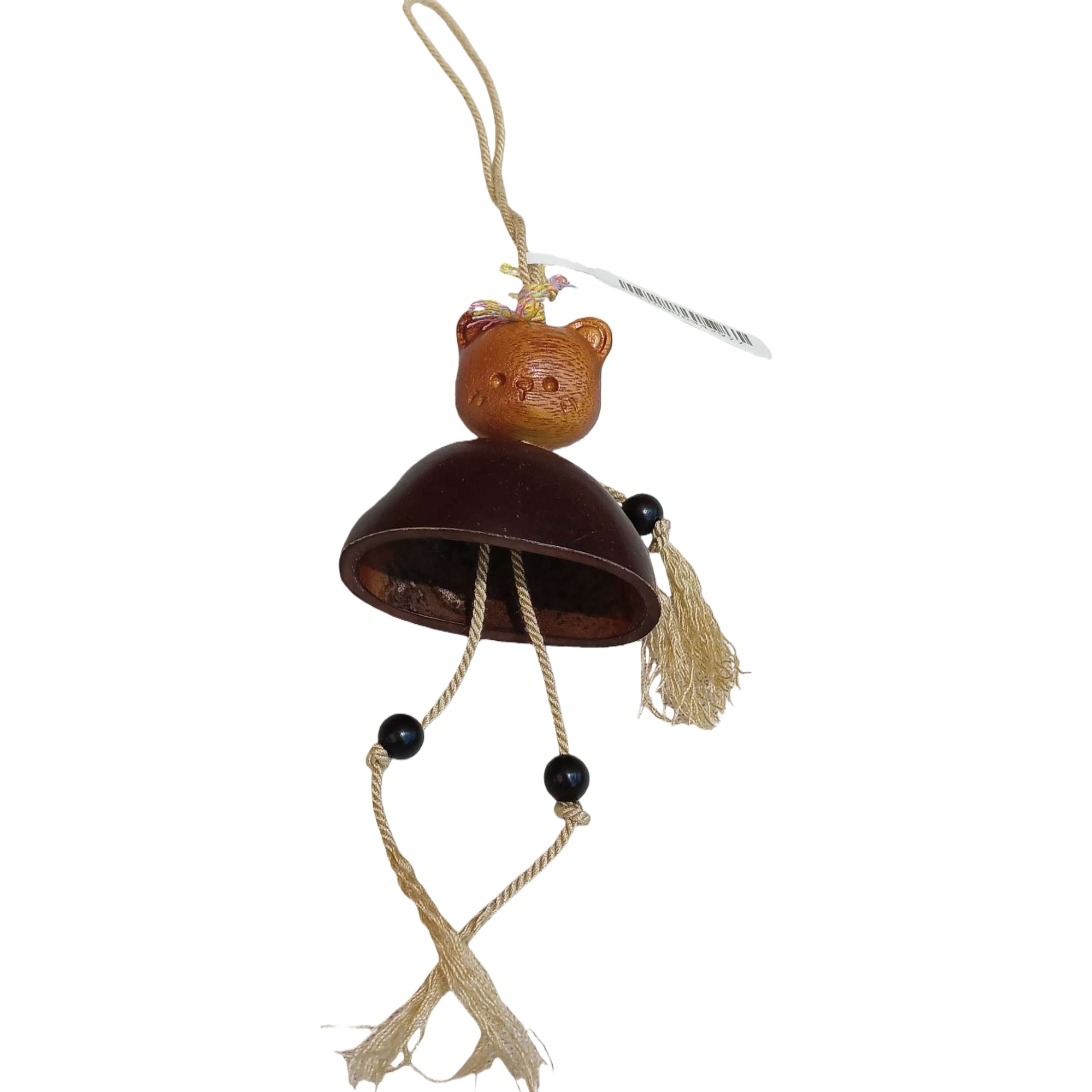 A simple and cute decorative item with a wooden bear pendant, a brown head sculpture, a dark brown bell, beige knots and black beaded tassels Item Picture