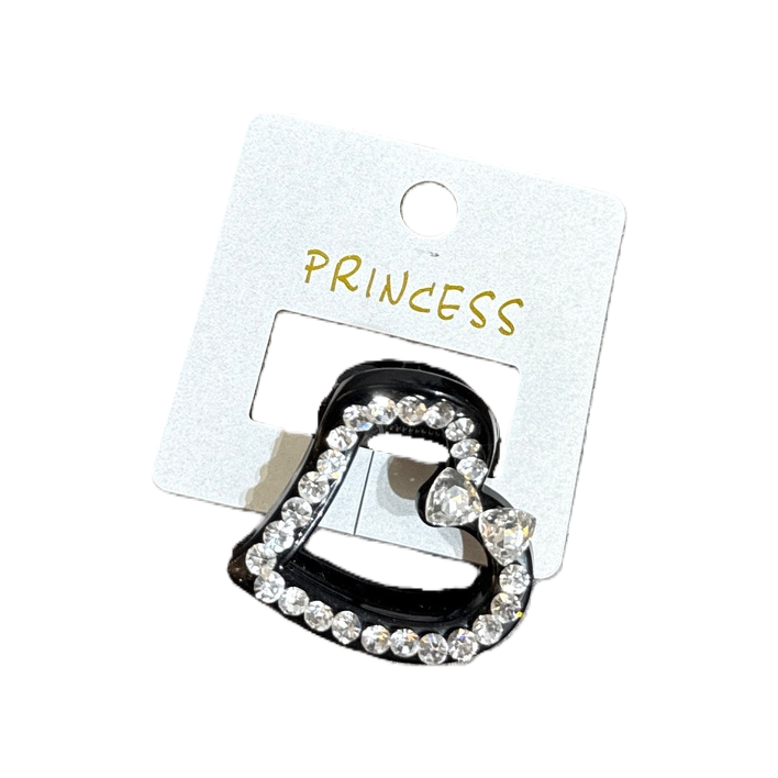 Black heart-shaped diamond-encrusted hair clips with white labels printed with the word "PRINCESS" are fashionable and elegant hair accessories and hair ties Item Picture