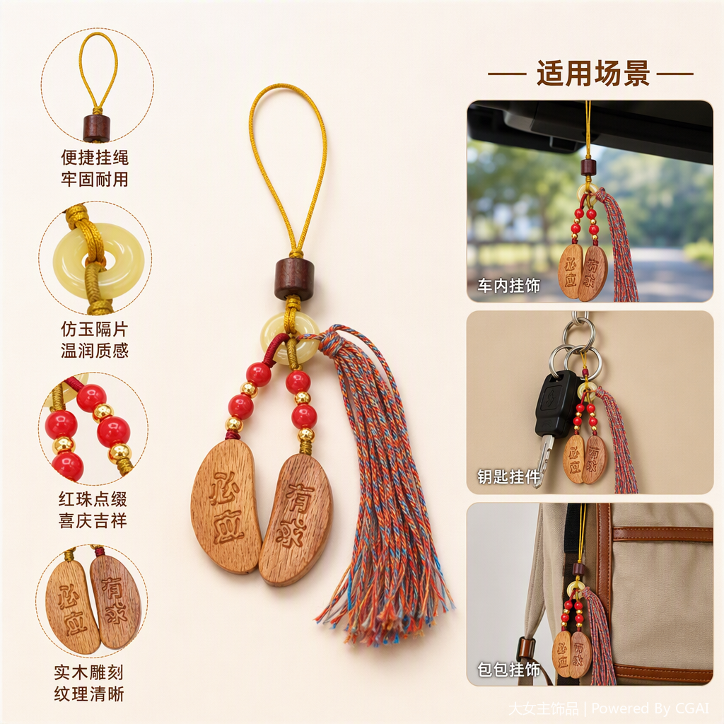 Hand-carved wooden sign, red beaded and colored rope tassel pendant, personalized and fashionable gift accessory