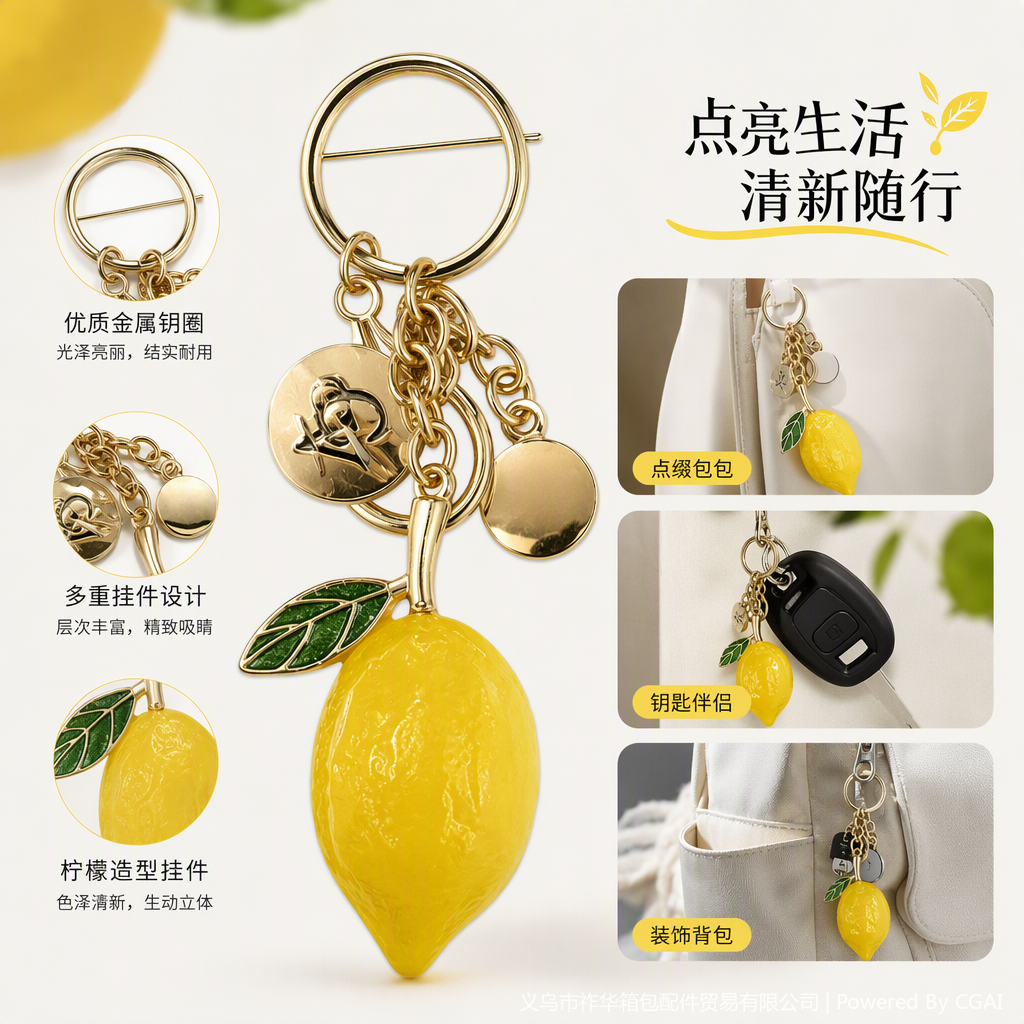 金色柠檬造型钥匙扣带绿叶圆形吊牌金属链环时尚创意挂件礼品赠品详情2