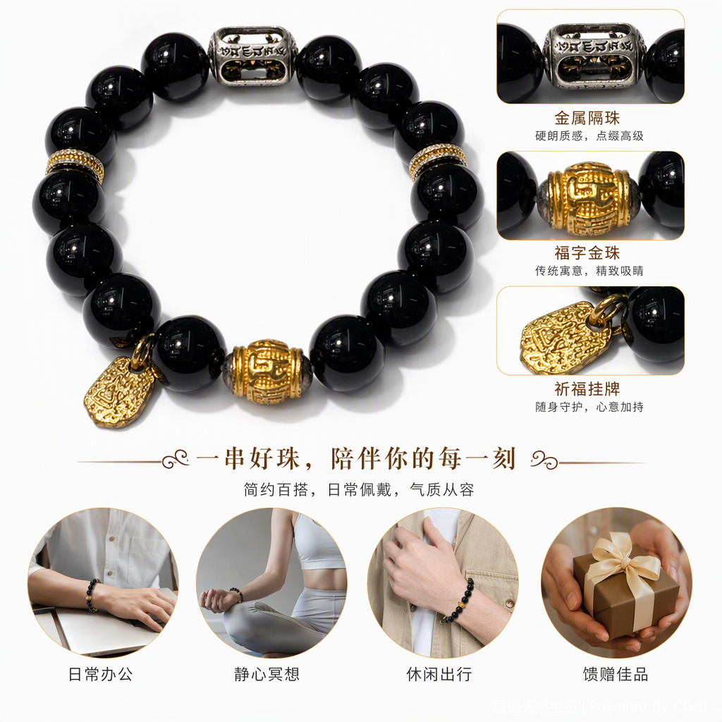 时尚黑色珠串手链金色佛头金饰点缀简约百搭手链饰品礼品赠送
