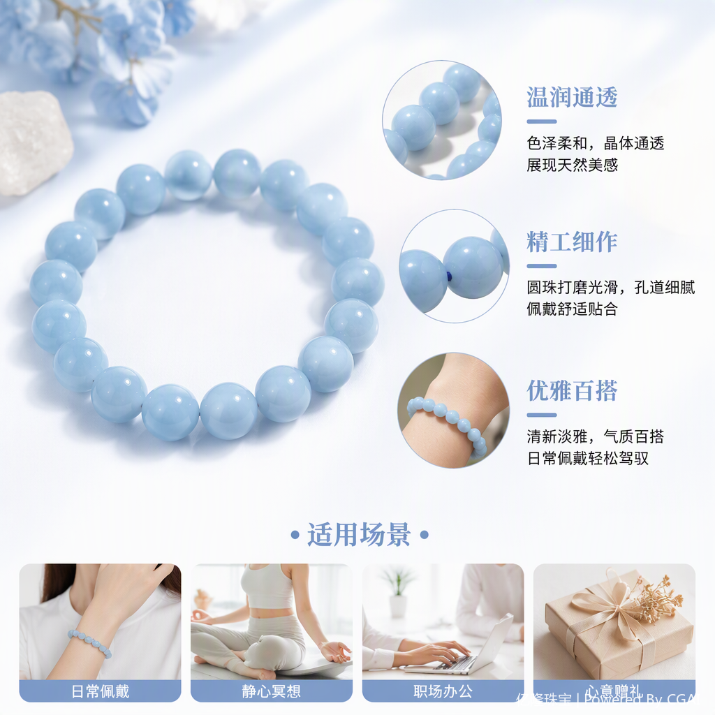 Fashionable light blue beaded bracelet, wooden tray decoration, simple and elegant ladies' accessory, matching accessory gift