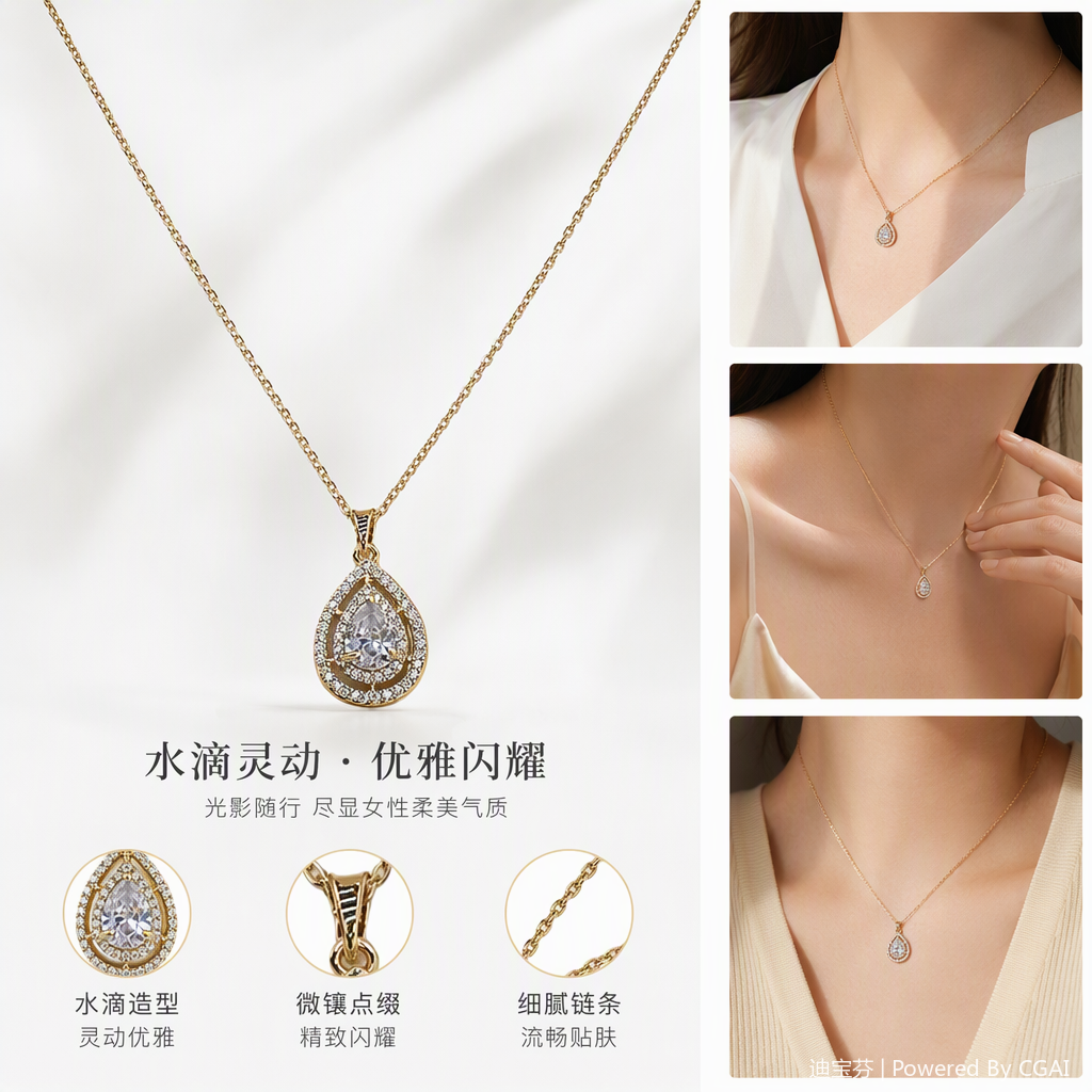 A golden necklace with a water drop pendant, set with transparent gemstones and sparkling small diamonds, is a fashionable and elegant accessory gift