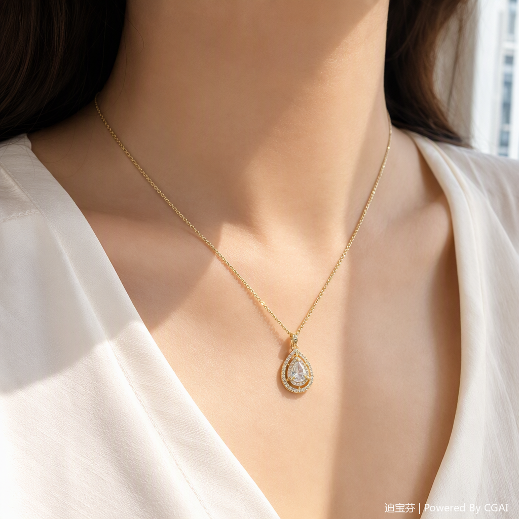 A golden necklace with a water drop pendant, set with transparent gemstones and sparkling small diamonds, is a fashionable and elegant accessory gift details Picture