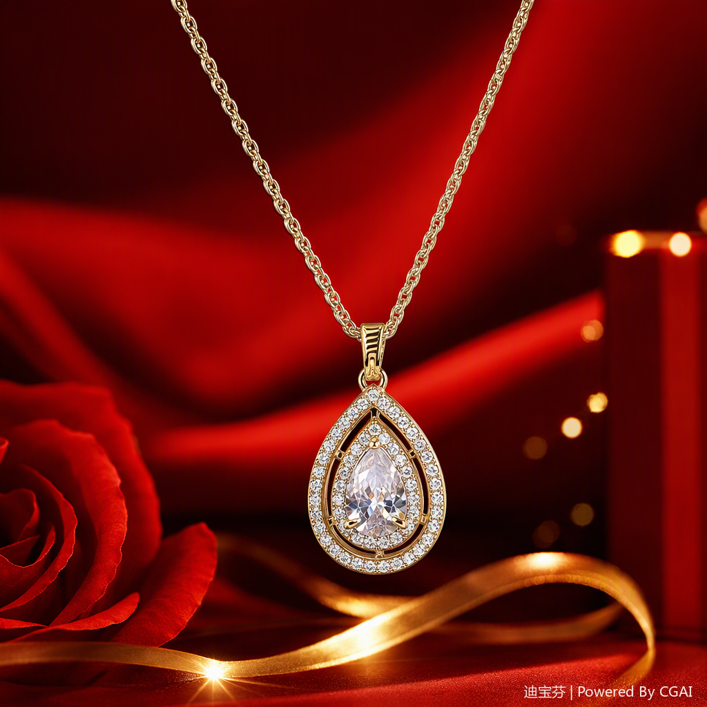 A golden necklace with a water drop pendant, set with transparent gemstones and sparkling small diamonds, is a fashionable and elegant accessory gift Specification image