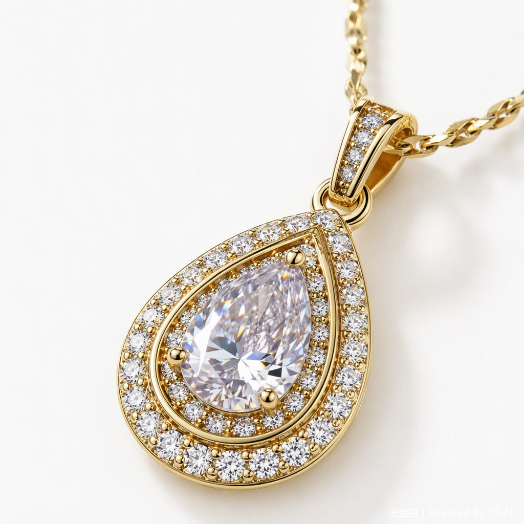 A golden necklace with a water drop pendant, set with transparent gemstones and sparkling small diamonds, is a fashionable and elegant accessory gift Application Scenario
