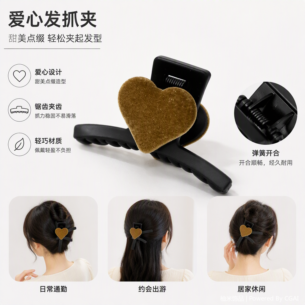 Fashionable black hair clip, golden heart-shaped velvet decoration, simple and versatile hair accessory, hair clip, hair accessory for women