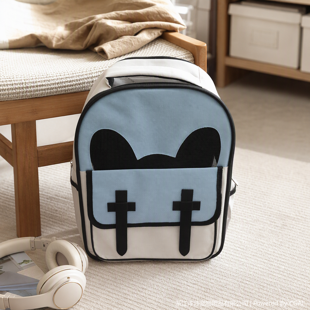 Fashionable mesh pet bag, light blue, black ears, casual and portable pet backpack, pet supplies, pet bag details Picture