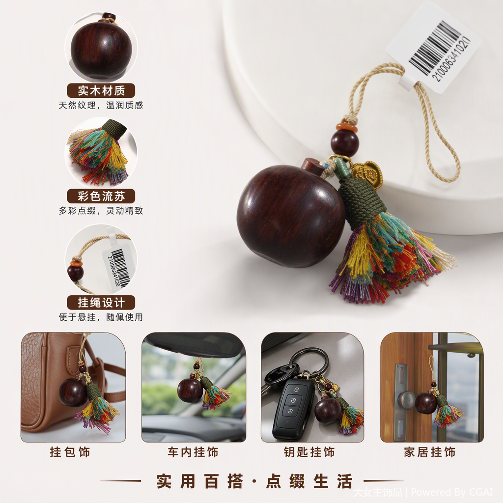 Deep red wooden round ball, colorful tassel pendant, fashionable and creative home decoration, gift and display piece